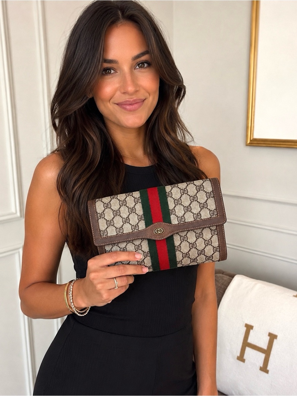 Authentic Gucci supreme monogram canvas clutch bag brown leather